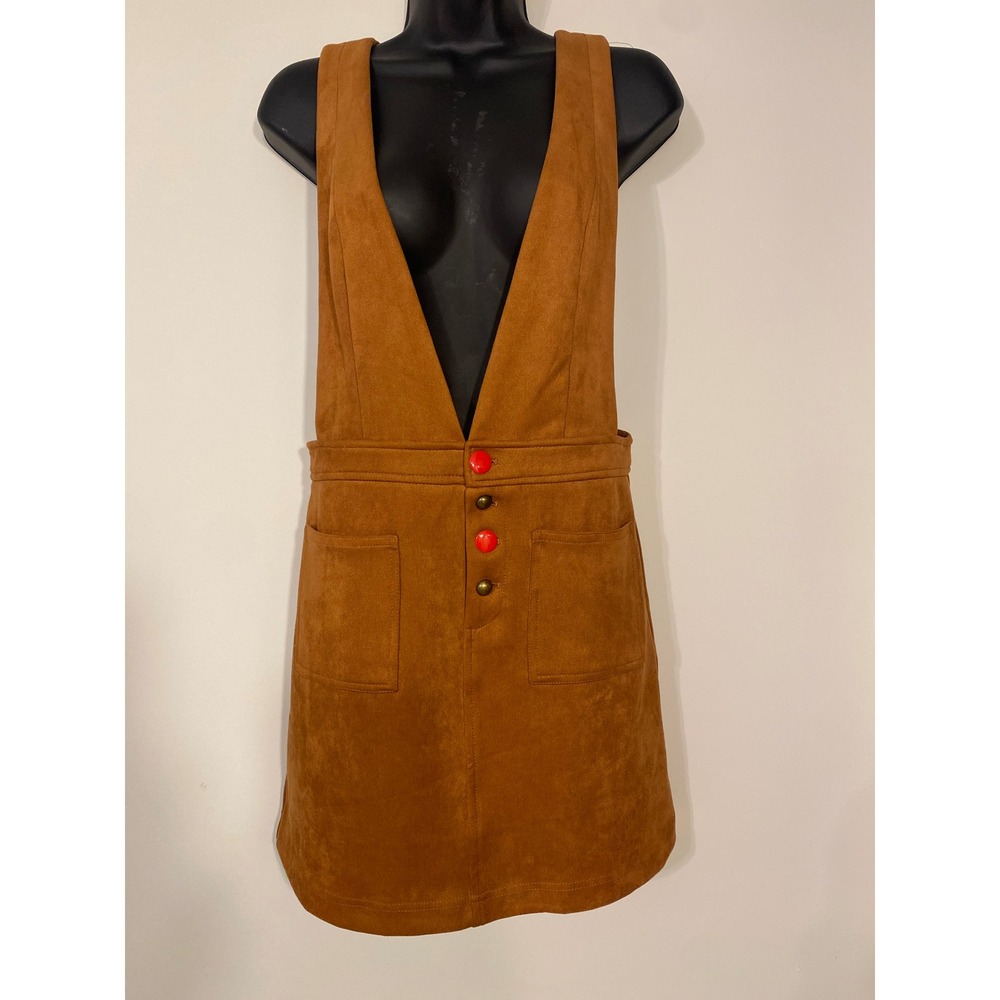 Forever 21 Faux Suede Pinafore Dress Brown Tan Button Front Mini Overall Medium
